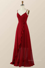 Evening Dress Boutique, Straps Wine Red Chiffon Ruffle A-line Long Bridesmaid Dress