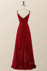 Evenning Dresses Long, Straps Wine Red Chiffon Ruffle A-line Long Bridesmaid Dress
