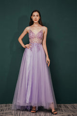 Prom Dresses Long Open Back, Stunning Front Split Spaghetti Straps Long A Line Beaded Prom Dresses
