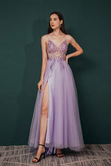 Prom Dress Long Open Back, Stunning Front Split Spaghetti Straps Long A Line Beaded Prom Dresses