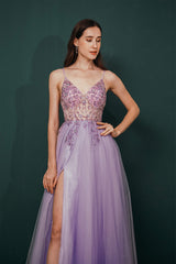 Prom Dresses Photos Gallery, Stunning Front Split Spaghetti Straps Long A Line Beaded Prom Dresses