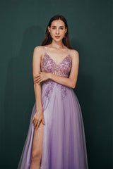 Prom Dress Chiffon, Stunning Front Split Spaghetti Straps Long A Line Beaded Prom Dresses