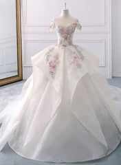 Wedding Dress Styled, Stunning Off The Shoulder Flower Ball Gown Lace Wedding Dress