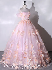 Short White Dress, Stunning Pink Floral Off the Shoulder Prom Dresses Ball Gown Quinceanera Dress