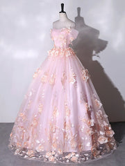 Prom Look, Stunning Pink Floral Off the Shoulder Prom Dresses Ball Gown Quinceanera Dress