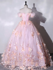 Semi Formal Outfit, Stunning Pink Floral Off the Shoulder Prom Dresses Ball Gown Quinceanera Dress