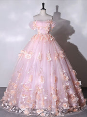 Formal Dress Short, Stunning Pink Floral Off the Shoulder Prom Dresses Ball Gown Quinceanera Dress