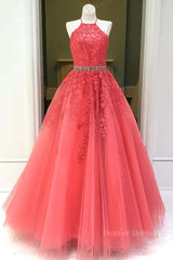 Bridesmaid Dress, Stylish Backless Coral Lace Long Prom Dress, Coral Lace Formal Graduation Evening Dress