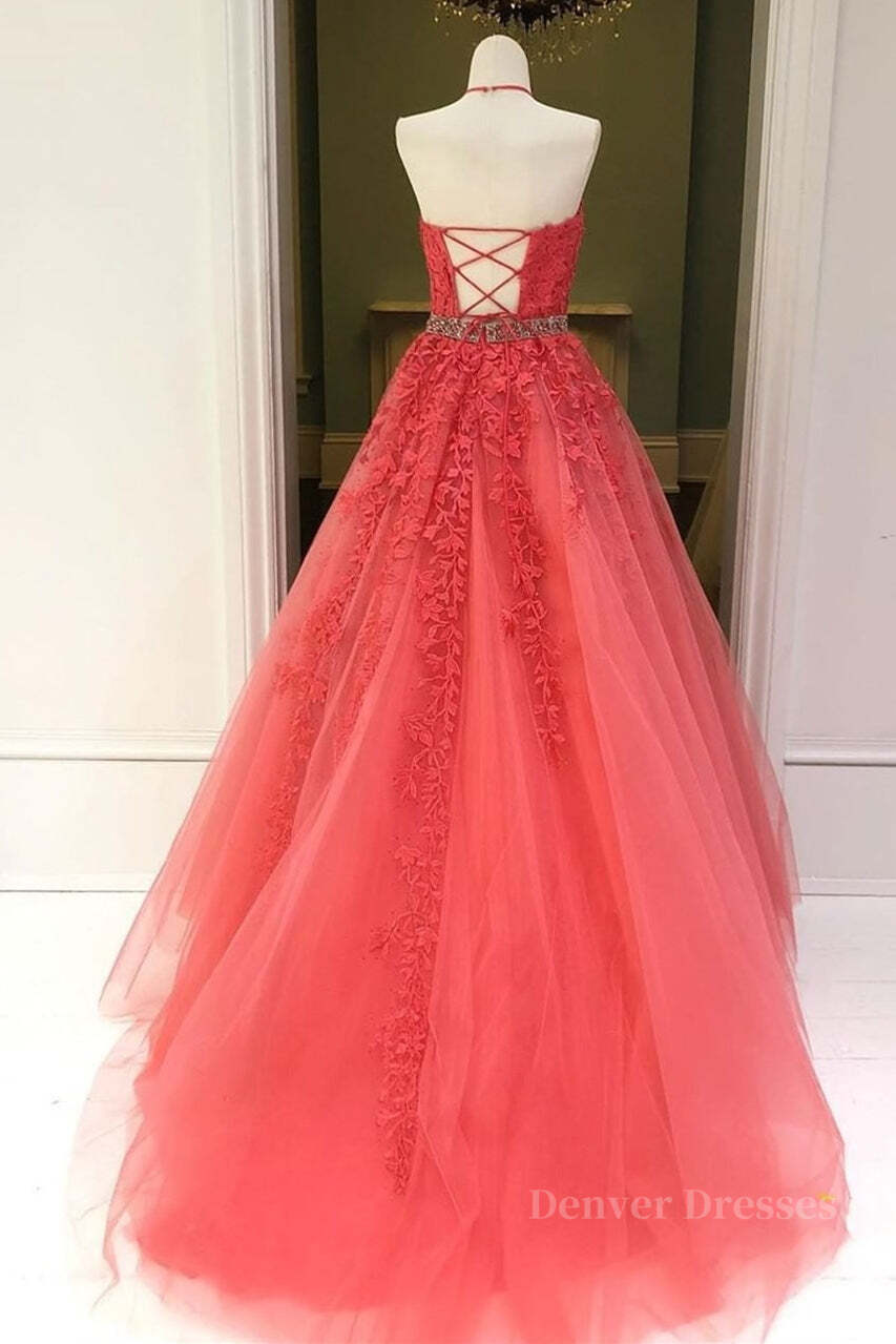 Prom Dresses Long Navy, Stylish Backless Coral Lace Long Prom Dress, Coral Lace Formal Graduation Evening Dress