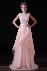 Off Shoulder Dress, Sweet Tulle & Lace Bateau Neckline Floor-length A-line Prom Dresses With Belt
