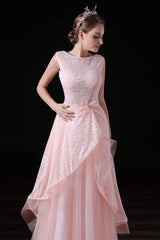 Formal Wedding Guest Dress, Sweet Tulle & Lace Bateau Neckline Floor-length A-line Prom Dresses With Belt