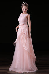 Party Dresses With Boots, Sweet Tulle & Lace Bateau Neckline Floor-length A-line Prom Dresses With Belt