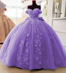 Prom Dresses 2032 Blue, Off Shoulder Ball Gown Quinceanera Dresses 3D Floral Applique Sweet 16 Gowns