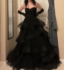 Prom Dresses Floral, Sweetheart Black Rufflue Long Prom Evening Dress