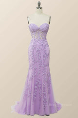 Party Dresses Maxi, Sweetheart Lavender Lace Mermaid Long Prom Dress
