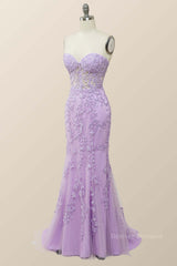 Party Dress Casual, Sweetheart Lavender Lace Mermaid Long Prom Dress