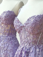 Evening Dresses Petite, Sweetheart Neck Purple Lace Long Prom Dress, Strapless Purple Formal Dress, Mermaid Purple Evening Dress