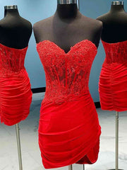 Party Outfit Night, Sweetheart Neck Short Red Lace Prom Dresses, Short Red Lace Formal Homecoming Dresses