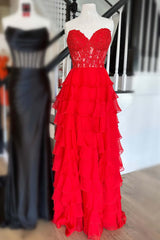 Bridesmaid Dress Colors Scheme, Sweetheart Red Corset Chiffon Ruffle Long Prom Dress