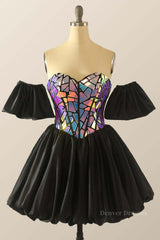 Burgundy Prom Dress, Sweetheart Sequin Black Satin Short Homecoming Dress