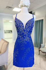 Bridesmaid Dresses Color, Royal Blue Beaded Plunge V Lace-Up Short Homecoming Dress