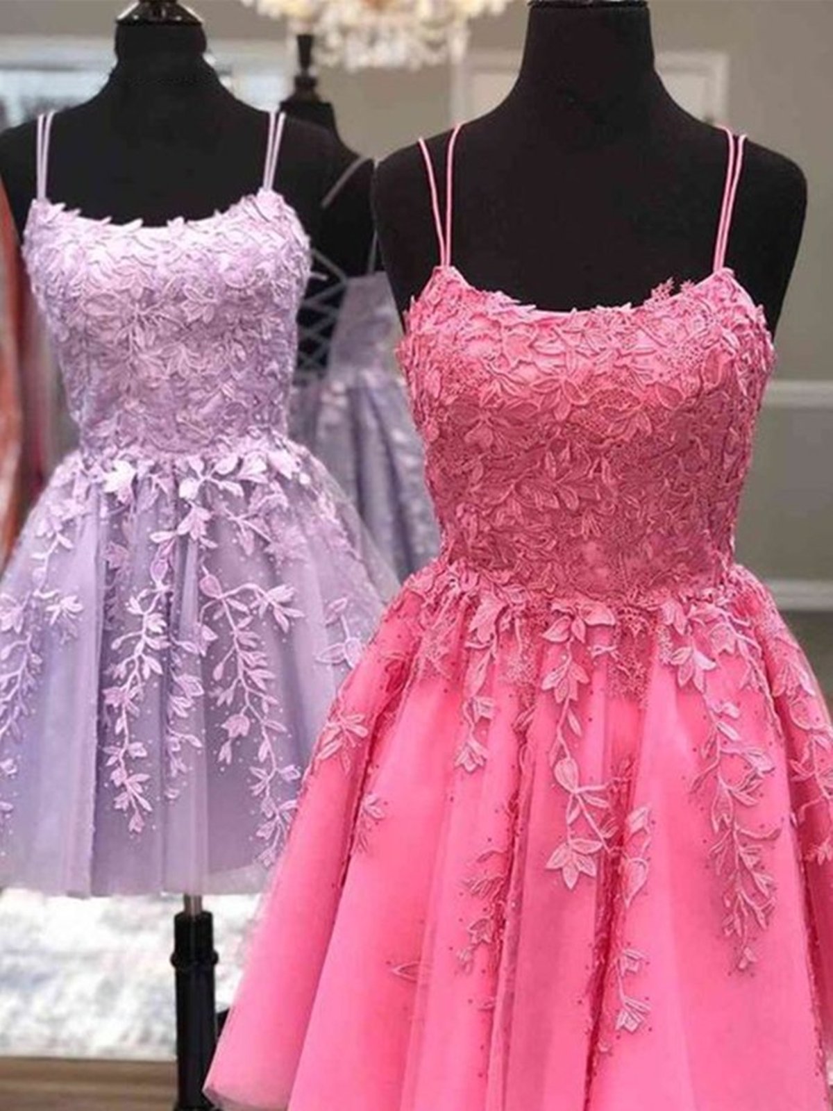 Party Dress Online Shopping, Thin Straps Short Purple Pink Lace Prom Dresses, Short Purple Pink Lace Graduation Homecoming Dresses