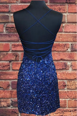 Evening Dress, Tight Navy Blue Sequin Short Homecoming Dresses Sparkly Party Dress