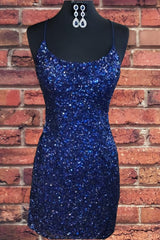 2028 Prom Dress, Tight Navy Blue Sequin Short Homecoming Dresses Sparkly Party Dress