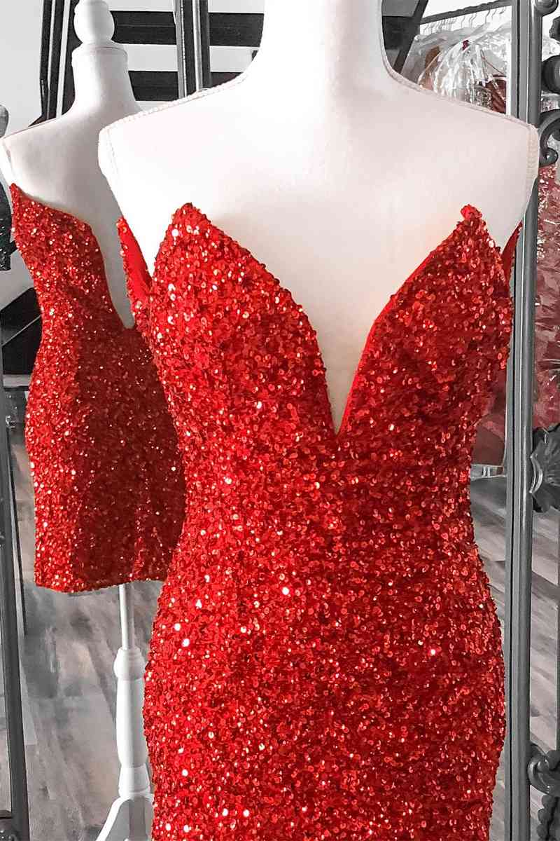 Evenning Dresses Long, Tight V Neck Red Sequins Short Party Dress,Sparkly Bodycon Dresses