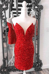 Evening Dress Boutique, Tight V Neck Red Sequins Short Party Dress,Sparkly Bodycon Dresses