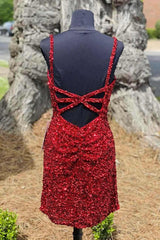 Bridesmaid Dresses By Color, Tight Wine Red Sequins Short Homecoming Dress Party Gown