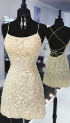 Party Dresses Ladies, tight yellow lace homecoming dresses, short yellow homecoming dress with lace up back