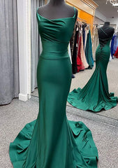 Evening Dress Elegant, Trumpet/Mermaid Cowl Neck Spaghetti Straps Sweep Train Jersey Prom Dress With Pleated