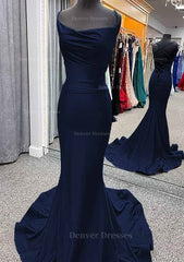 2052 Prom Dress, Trumpet/Mermaid Cowl Neck Spaghetti Straps Sweep Train Jersey Prom Dress With Pleated