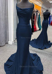 Evening Dress, Trumpet/Mermaid Cowl Neck Spaghetti Straps Sweep Train Jersey Prom Dress With Pleated
