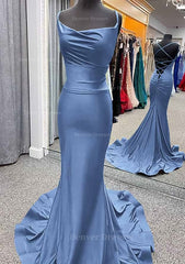 Corset Dress, Trumpet/Mermaid Cowl Neck Spaghetti Straps Sweep Train Jersey Prom Dress With Pleated