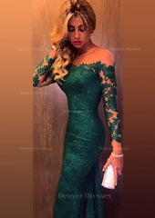Homecoming Dresses Short, Trumpet/Mermaid Full/Long Sleeve Bateau Chapel Train Lace Prom Dress With Appliqued