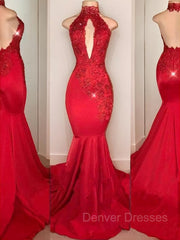 Party Dress Dress Up, Trumpet/Mermaid Halter Sweep Train Charmeuse Prom Dresses With Appliques Lace