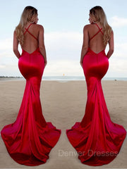 Prom Dress On Sale, Trumpet/Mermaid Halter Sweep Train Silk like Satin Prom Dresses With Leg Slit