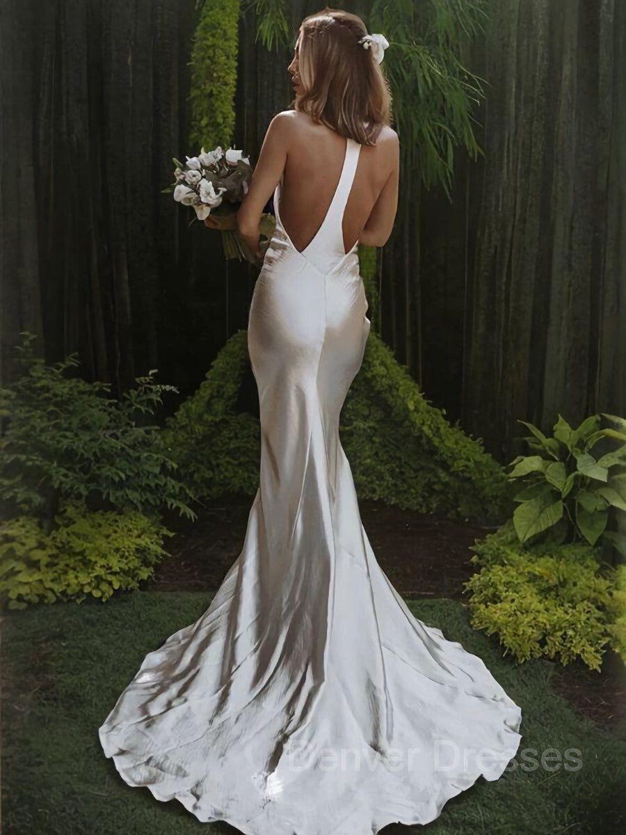 Wedsing Dress Vintage, Trumpet/Mermaid Halter Sweep Train Taffeta Wedding Dresses