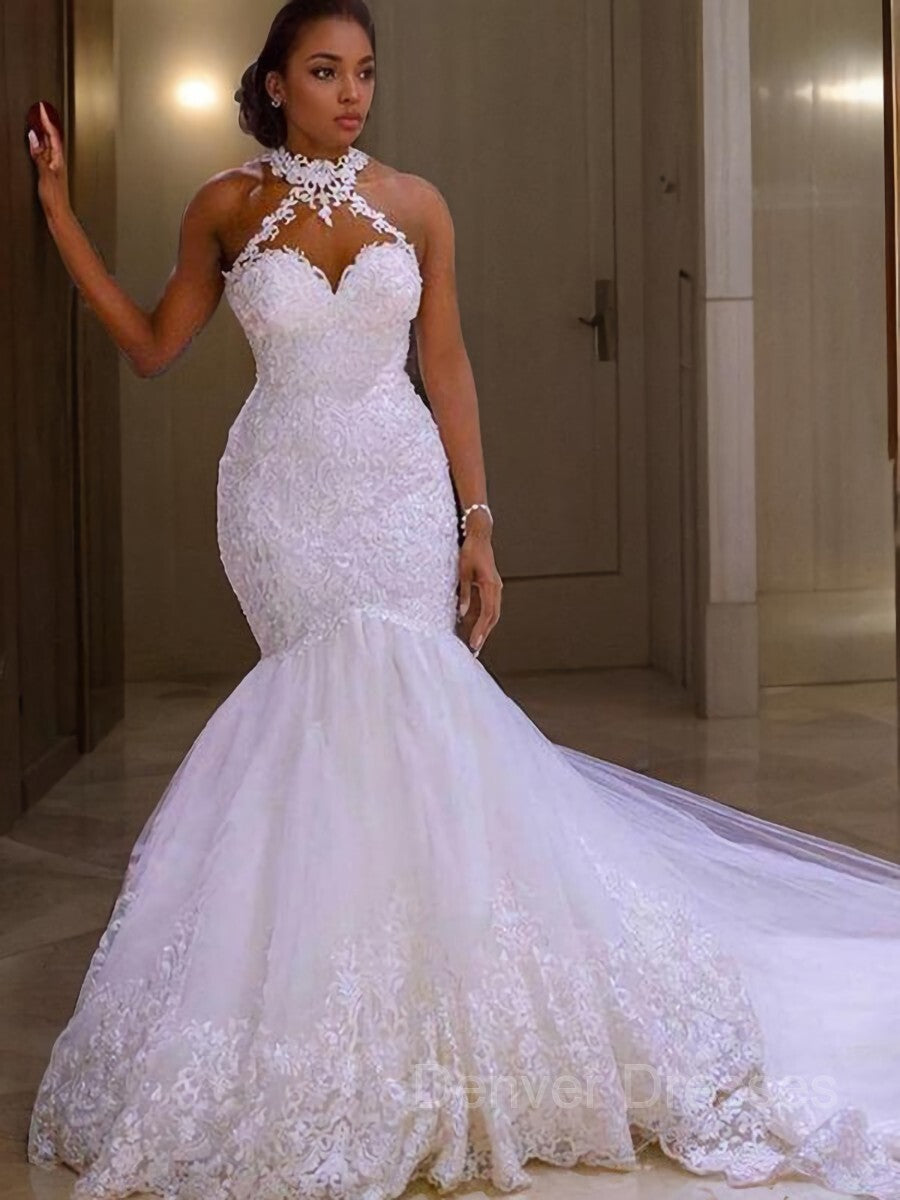 Wedding Dress Ball Gowns, Trumpet/Mermaid Halter Sweep Train Tulle Wedding Dresses With Appliques Lace