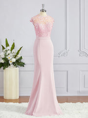 Design Dress Casual, Trumpet/Mermaid High Neck Floor-Length Stretch Crepe Bridesmaid Dresses with Appliques Lace