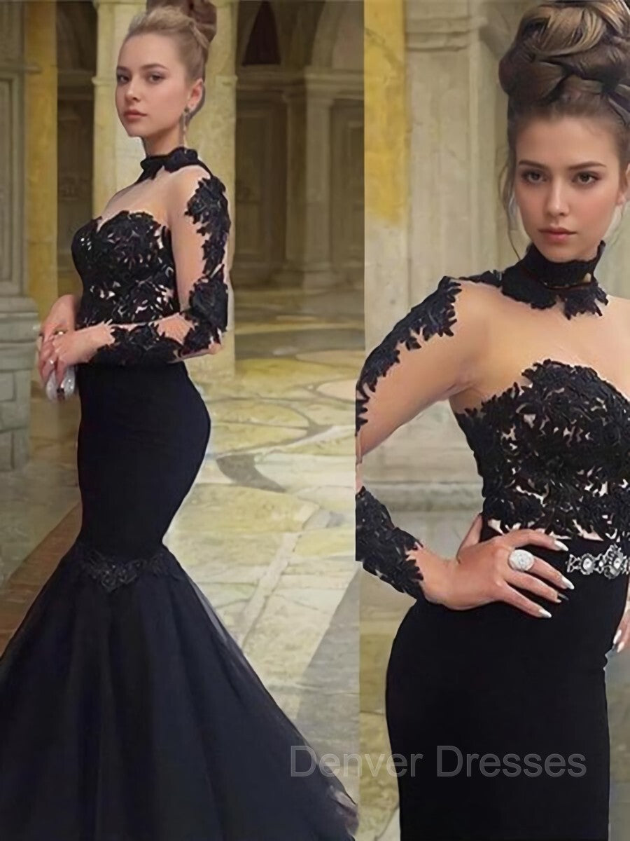 Party Dress Outfit, Trumpet/Mermaid High Neck Floor-Length Tulle Prom Dresses With Appliques Lace