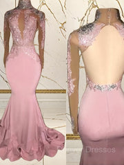 Party Dress Bling, Trumpet/Mermaid High Neck Sweep Train Jersey Evening Dresses With Appliques Lace