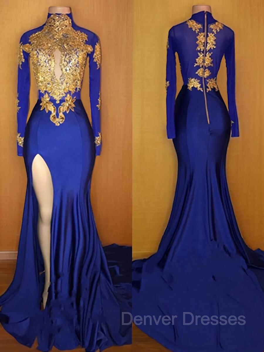 Party Dresses Styles, Trumpet/Mermaid High Neck Sweep Train Jersey Prom Dresses With Leg Slit