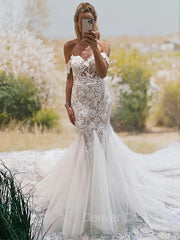 Wedding Dress Simple Elegant, Trumpet/Mermaid Off-the-Shoulder Cathedral Train Tulle Wedding Dresses With Appliques Lace