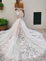 Wedding Dresses Simple Elegant, Trumpet/Mermaid Off-the-Shoulder Cathedral Train Tulle Wedding Dresses With Appliques Lace