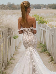 Wedding Dresses Lace Romantic, Trumpet/Mermaid Off-the-Shoulder Cathedral Train Tulle Wedding Dresses With Appliques Lace