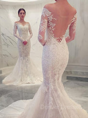 Wedding Dresses Fall, Trumpet/Mermaid Off-the-Shoulder Chapel Train Lace Wedding Dresses With Appliques Lace