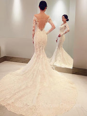 Wedding Dresses White, Trumpet/Mermaid Off-the-Shoulder Chapel Train Lace Wedding Dresses With Appliques Lace